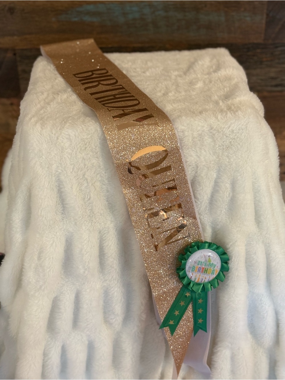 Birthday Sash with Green Ribbon Rosette - Gold Glitter